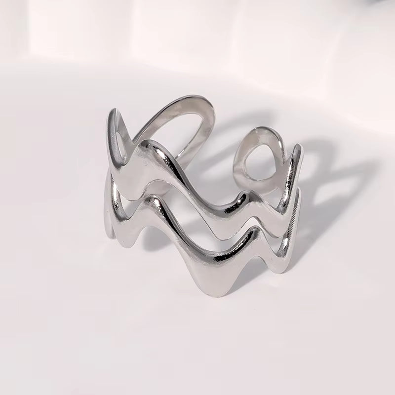 Stainless Steel Irregular Wave Rings for Women Men Creative Gold Color Adjustable Opening Rings Female Statement Jewelry Gifts