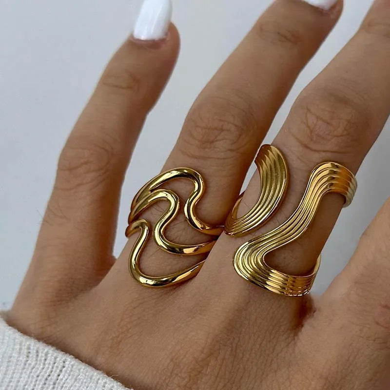 Stainless Steel Irregular Wave Rings for Women Men Creative Gold Color Adjustable Opening Rings Female Statement Jewelry Gifts